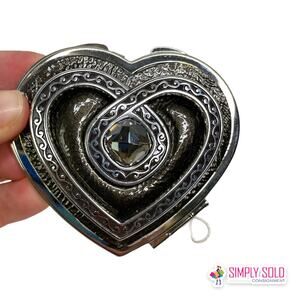 Brighton Mirror Compact Heart Venus Rising Silver Floral Rhinestones NWT